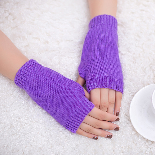 Cross-border new style thickened woolen warm gloves fluorescent color gloves candy half-finger gloves winter fingerless gloves color