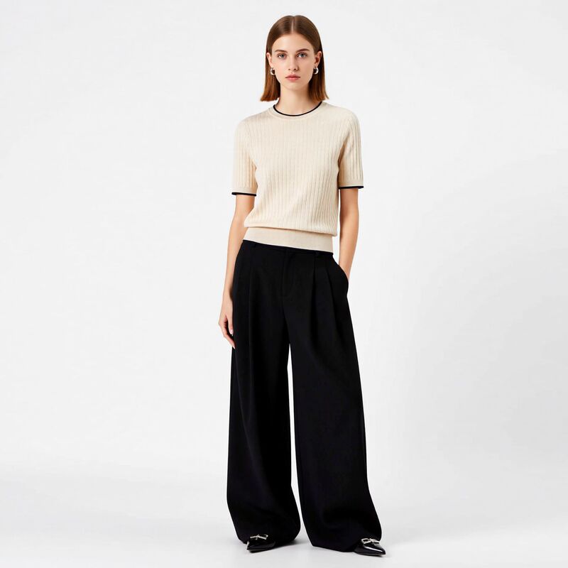 Nanyou High-End Women's French-Style Color-Block Round-Neck Tencel Pullover Knit Top, Slim-Fit, Suitable for Work, Short-Sleeve Summer Top