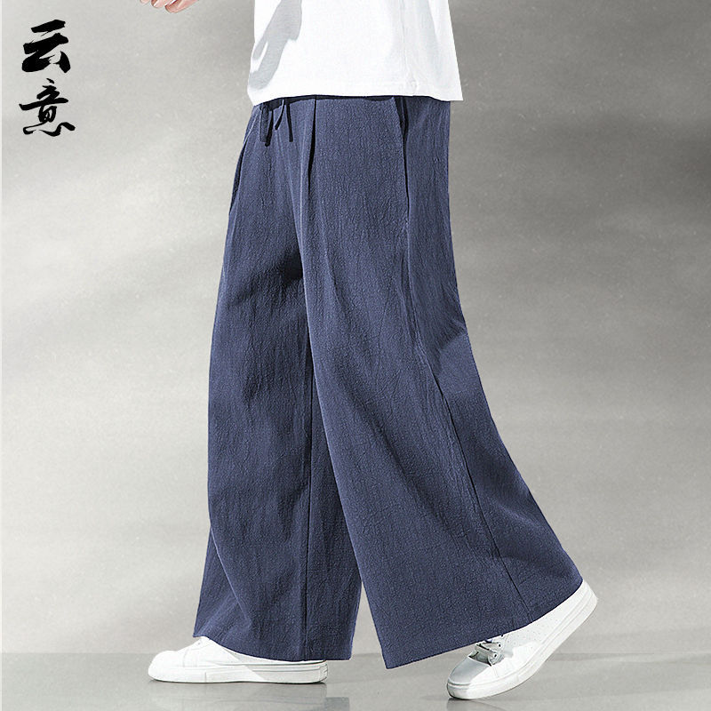 Chinese Style Linen Pants Men's Loose Casual All-match plus size Wide-leg Culottes Pants Pendant Cotton and Linen Pants for Meditation