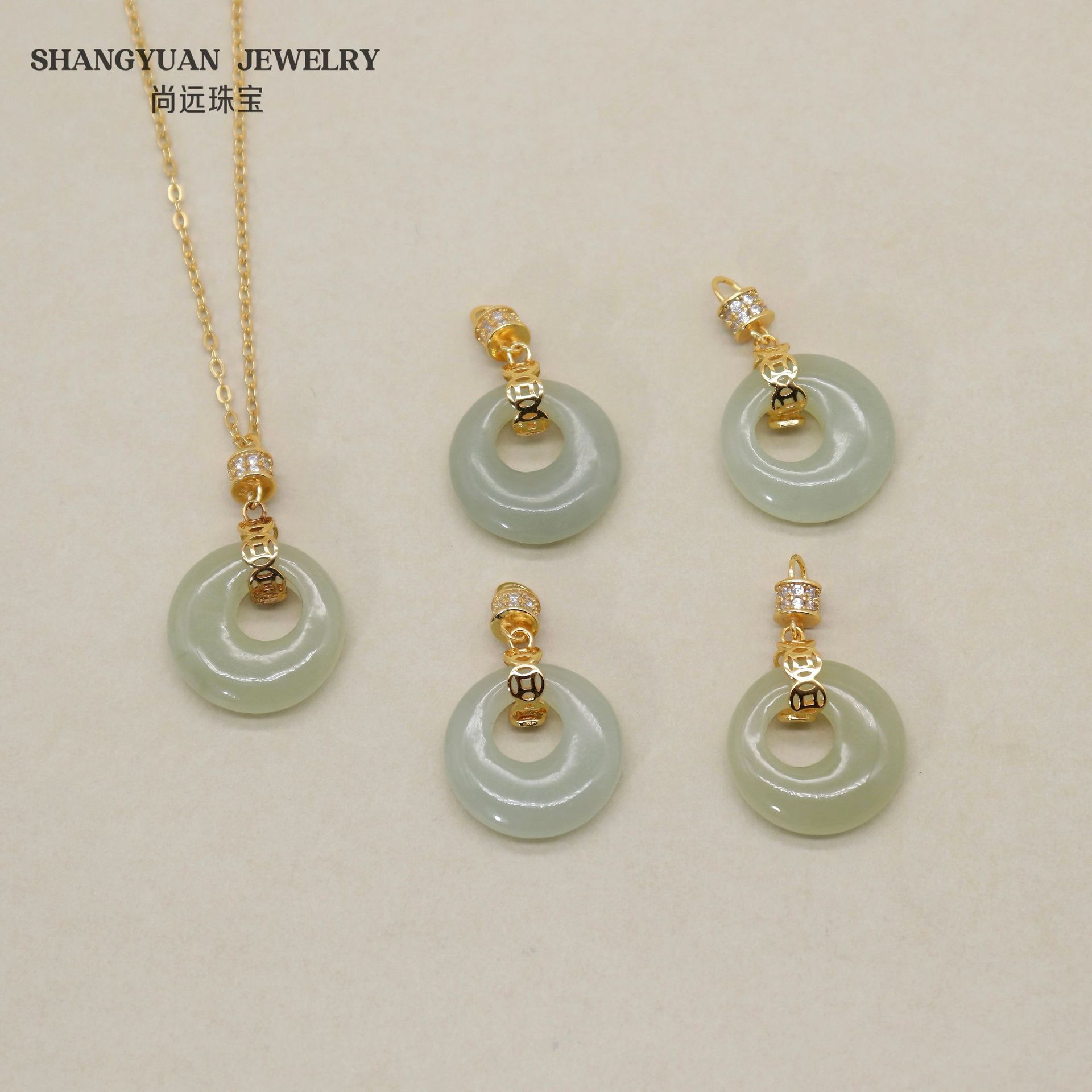 新中式和田玉平安扣镶S925银通宝吊坠轻奢项链配饰
