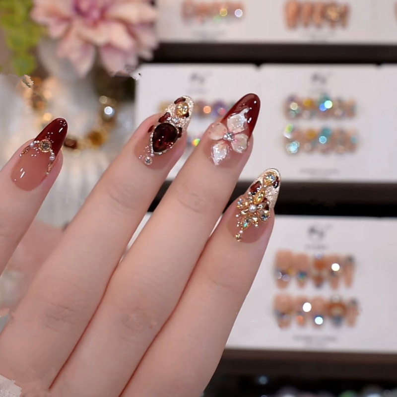 [Red Wine Glass] New Style Pure Handmade Wearable Nail Polish French Zircon Phototherapy Classy Whitening Pure Handmade Manicure