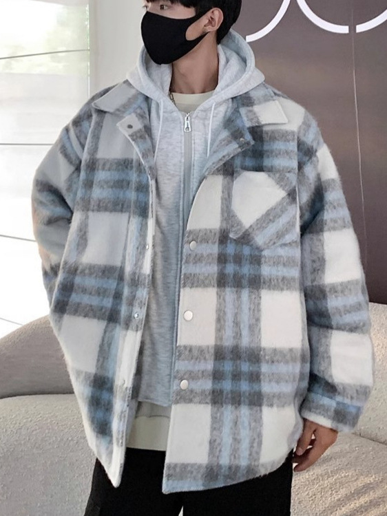 Otoño e invierno nuevo estilo americano falso abrigo a cuadros de dos piezas estilo masculino estilo nacional de moda engrosamiento cálido abrigo de lana retro con capucha