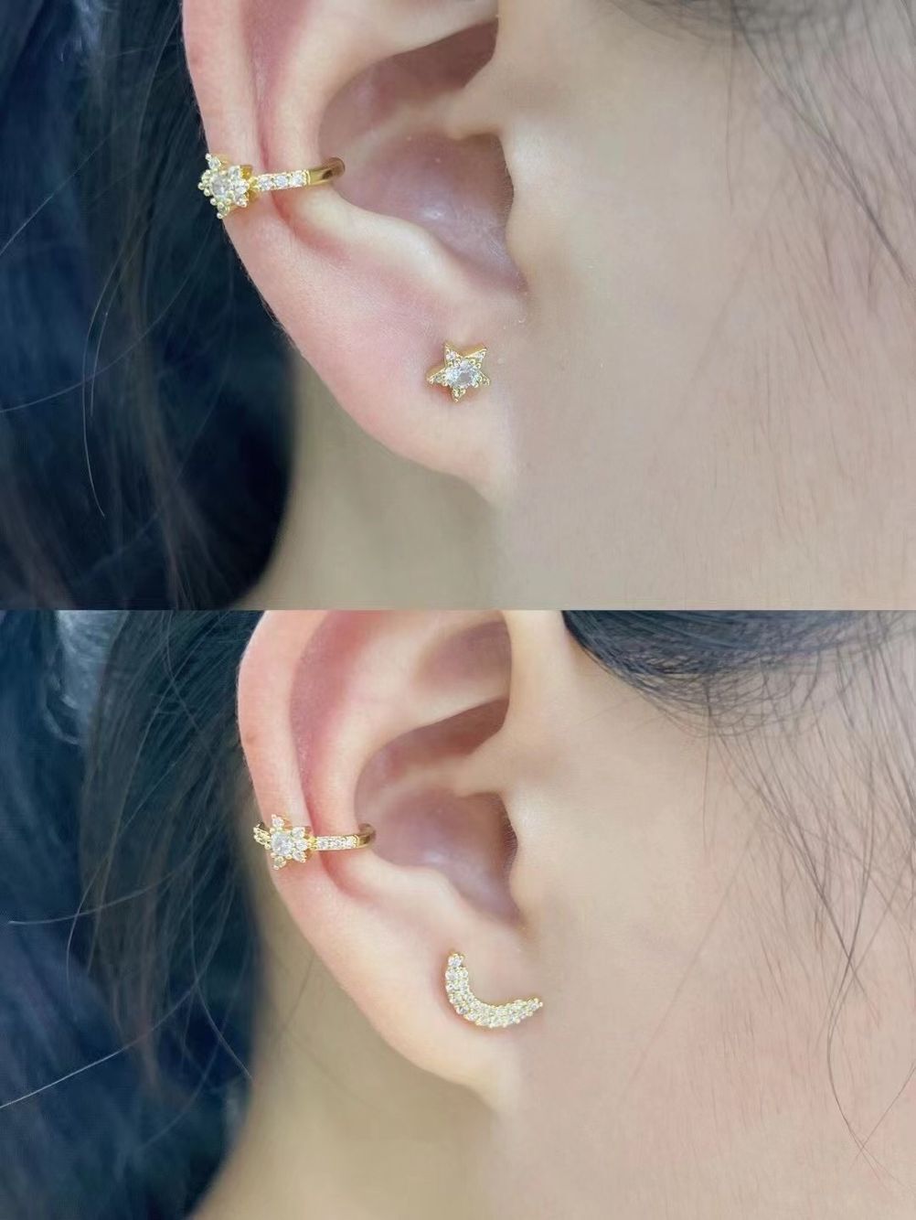 Pendientes De Media Luna De Estrella Femenina Con Clip De Hueso De Oreja De Estrella De Cinco Puntas De Circón Microincrustado De Cobre Europeo Y Americano display picture 2