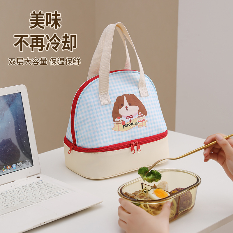 新しい二層漫画チェック柄弁当バッグオフィスワーカー弁当箱ハンドバッグ弁当断熱バッグ学生弁当箱バッグ|undefined