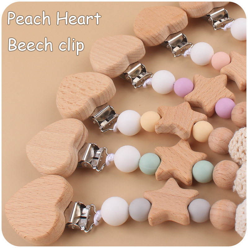 Nuevo bebé de dibujos animados melocotón corazón Haya clip calmante bebé DIY estrella mordedura chupete cadena anti-gota cadena