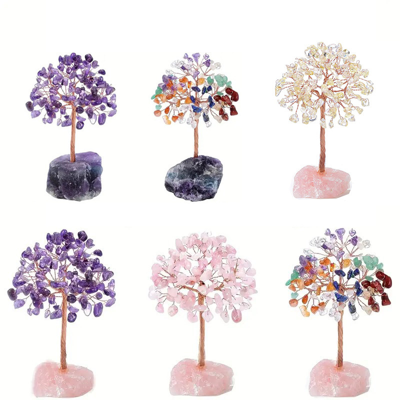 Cross-border Amazon Natural Amethyst Fortune Tree Crystal Lucky Tree 7 Color Crystal Gravel Tree Home Decoration