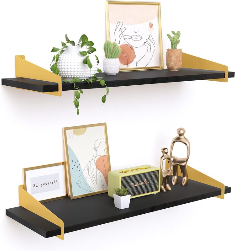 Floating shelves set of 2 wall mounted storage shelves with gold metal frame and towel rack bathroom wall shelf