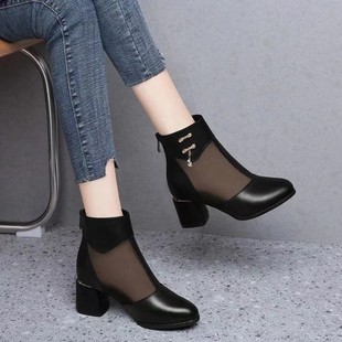 Cross-border Chunky Heel Mesh Sandals Women's Shoes 2024 Spring and Summer New Mid-heel Breathable Soft Bottom Non-slip Round Toe Sandals