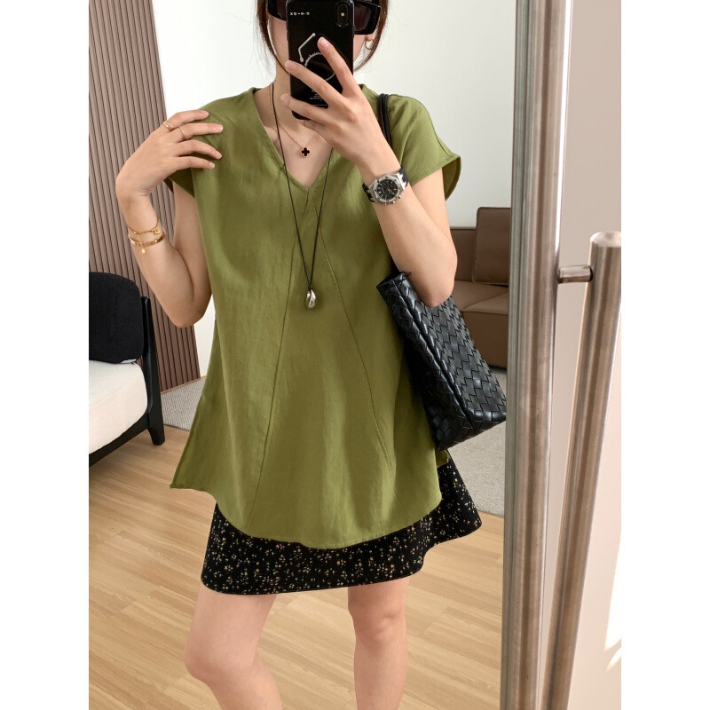 Simple and Slimming V-Neck Tencel Linen Flutter-Sleeve T-Shirt for Women, Stylish Design with Patchwork Sleeveless Top, Thin Summer Style