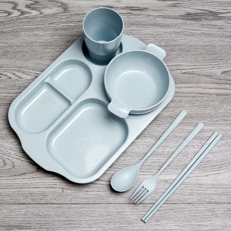 小麦わら児童食器セット幼稚園児童仕切り皿ボウルスプーン箸六点セットロゴ|undefined