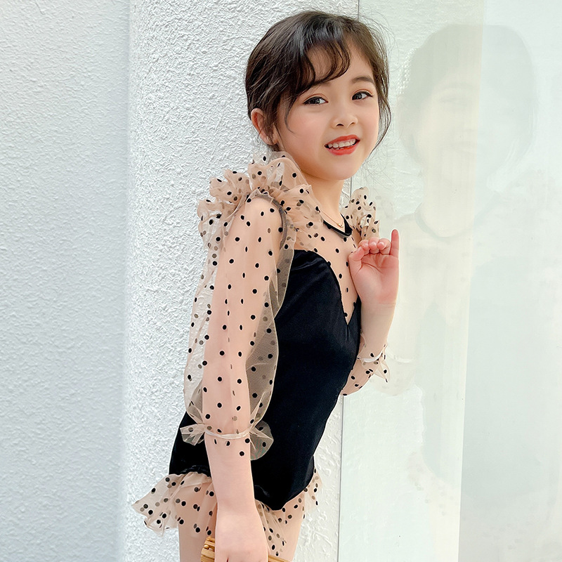 Traje de baño para niños y niñas 2023 nuevos niños con volantes de una sola pieza de manga larga lindo vestido de princesa traje de baño de aguas termales