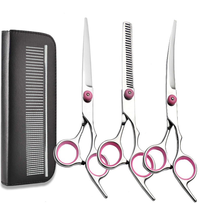 Fábrica al por mayor de acero inoxidable para mascotas tijeras de belleza conjunto profesional perro fino diente tijeras corte de pelo tijeras curvadas conjunto
