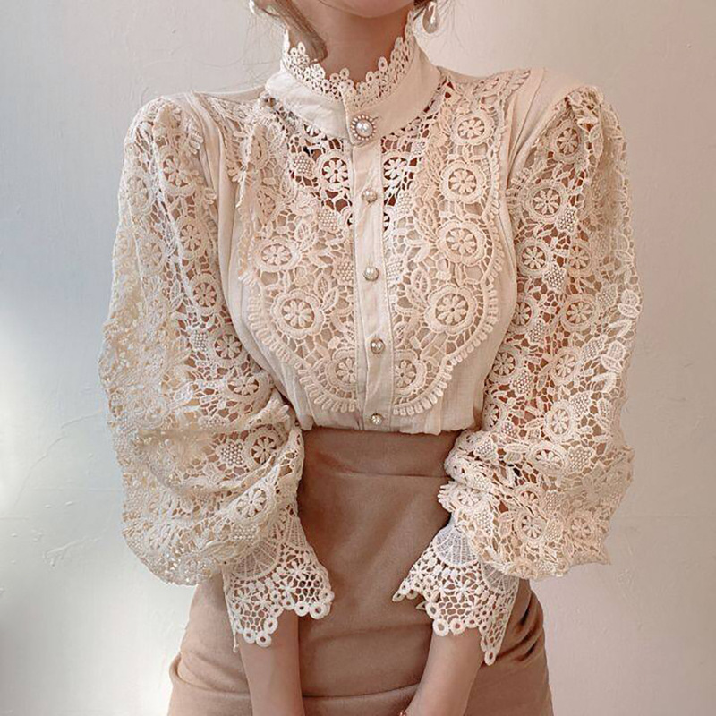 2023 Summer Cross-Border New Women's Lace Hollow Lace Long Sleeve Stand Collar Cotton Easiest for Match Women's Shirts Shirt Wholesale