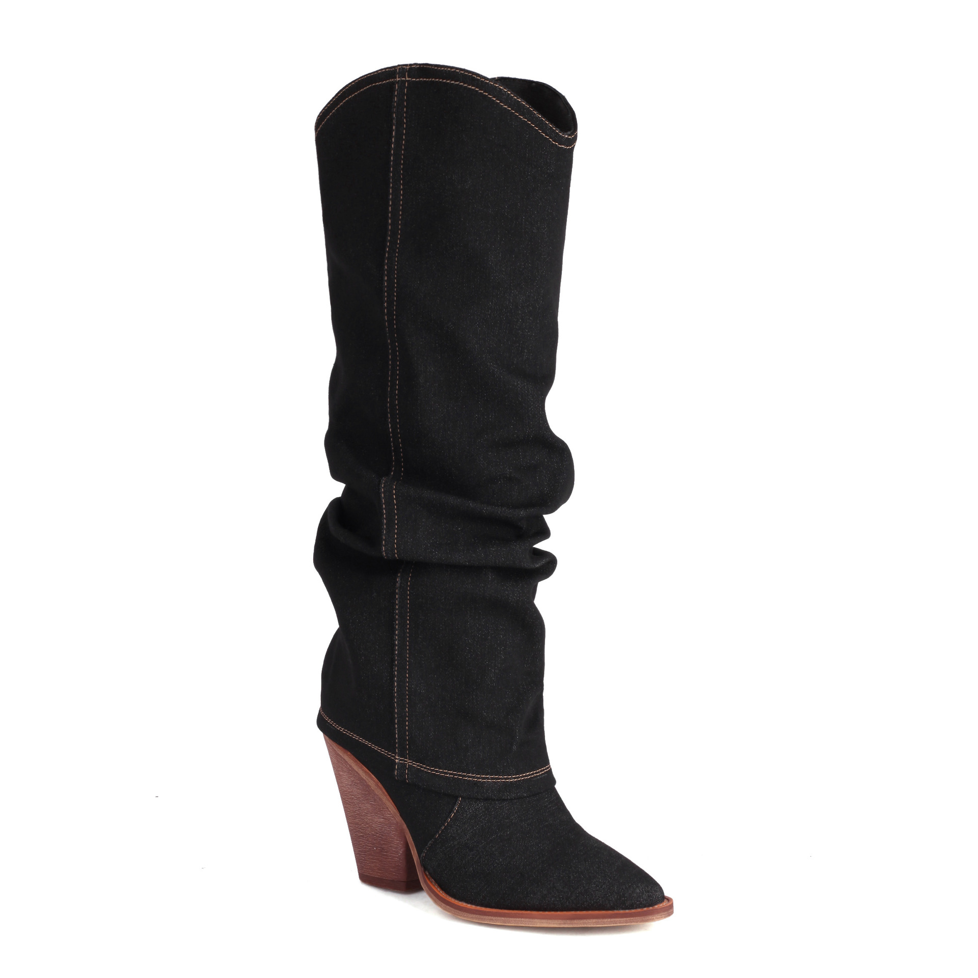 pointy toe chunky heel high tube boots