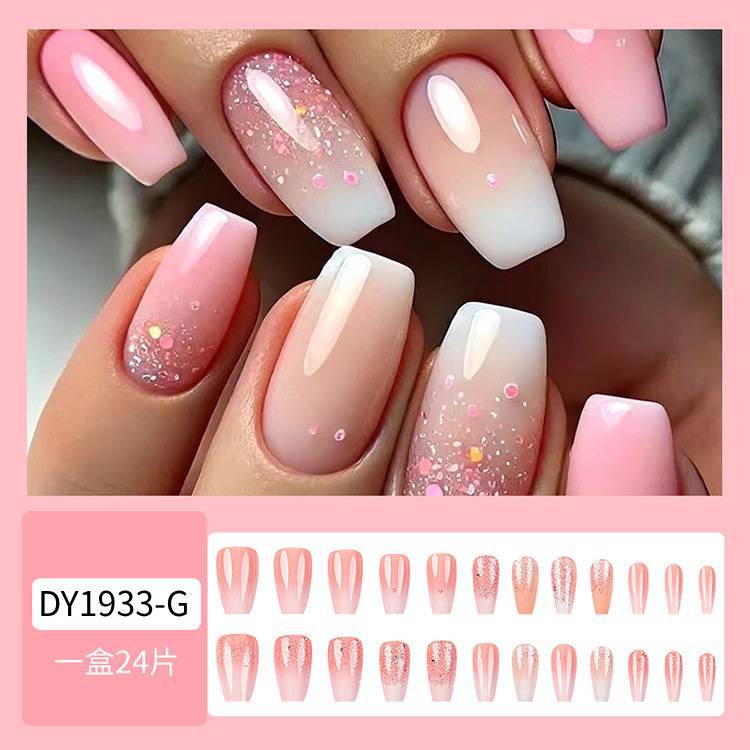 Chica caliente cielo estrellado rosa blanco gradiente uñas uñas brillo escalera corta temperamento uñas parche cruzado venta caliente