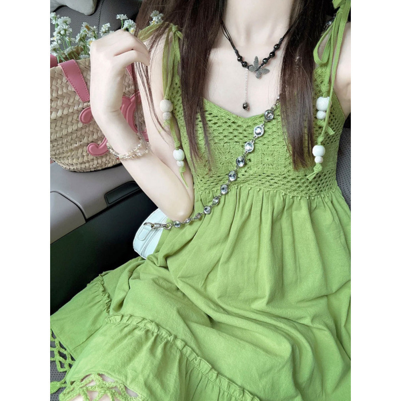 森系清新绿色流苏吊带连衣裙夏季新款波西米亚风设计感度假裙子女|undefined