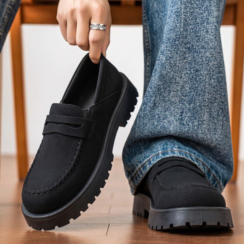 Giày lười nam da PU mũi tròn đế dày chống trượt, gót 3–5 cm — Xanh lá cây nhạtcolor, màu kaki, đen chi tiết 3