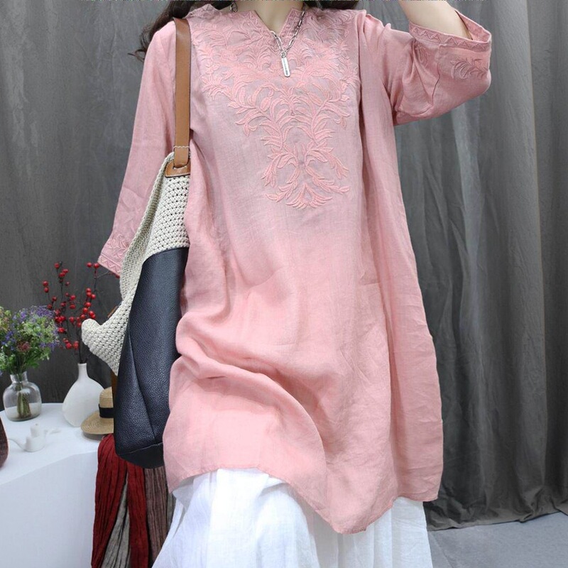 2026 Spring/Summer Vintage Ramie Heavy Embroidery Artistic Versatile Top Fully Edged Loose Stylish Mid-Length Shirt