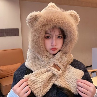 New Cycling Warm Hat and Scarf One-piece Women's Winter Thickened Cold-proof Ear-protecting Fluffy Hat Windproof Baotou Hooded