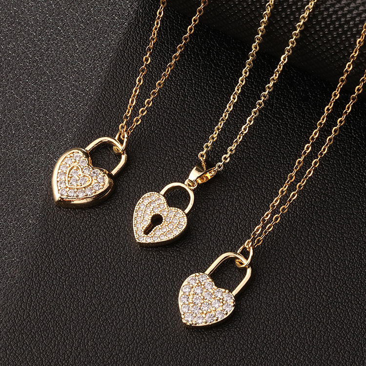 Lady Heart Shape Lock Copper Inlay Zircon Pendant Necklace 1 Piece