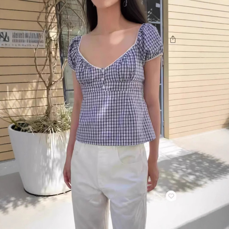 BM Style Lace Three-Button Plaid Bubble-Sleeved Short-Sleeved Shirt T-Shirt Women's Bm Tight Waist Slimming Shirt V-Neck Short Top