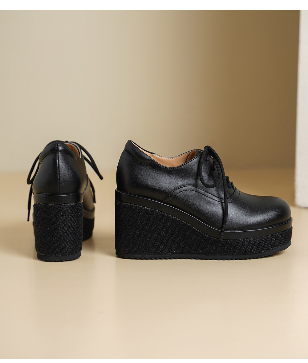 Giày loafer nữ đế xuồng platform da thật buộc dây, gót cao 9 cm — màu đen, màu trắng ngà chi tiết 13