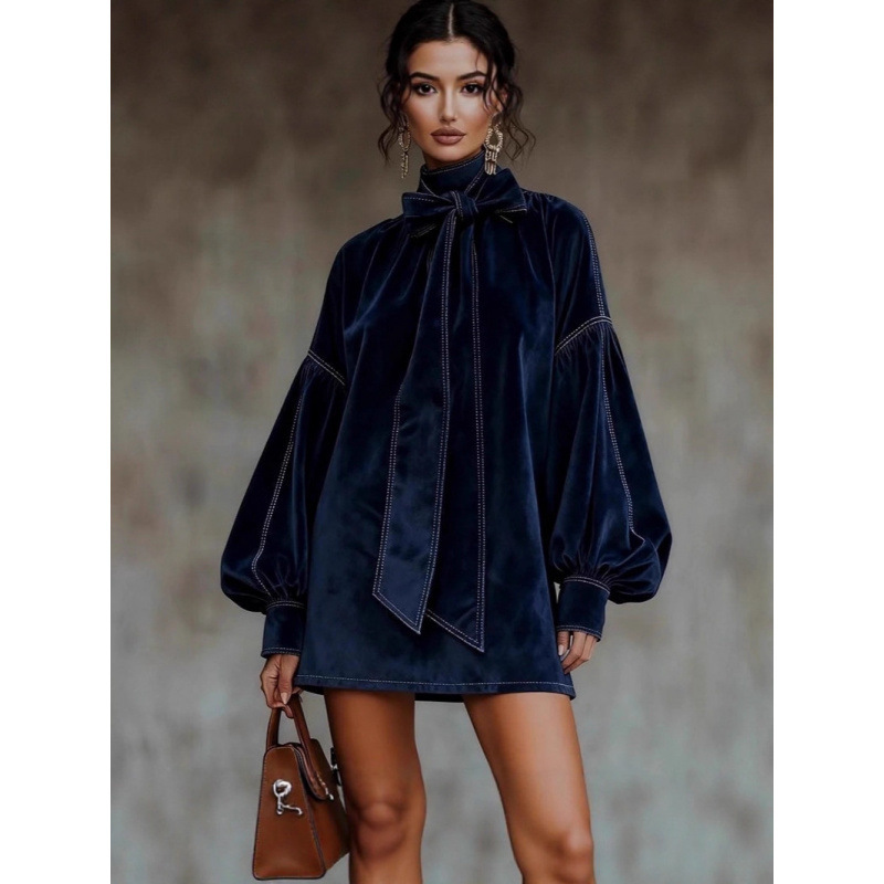 Women's Western Retro Style Autumn/Winter New Suede Dress 2025 European and American New High Collar Bow Dress