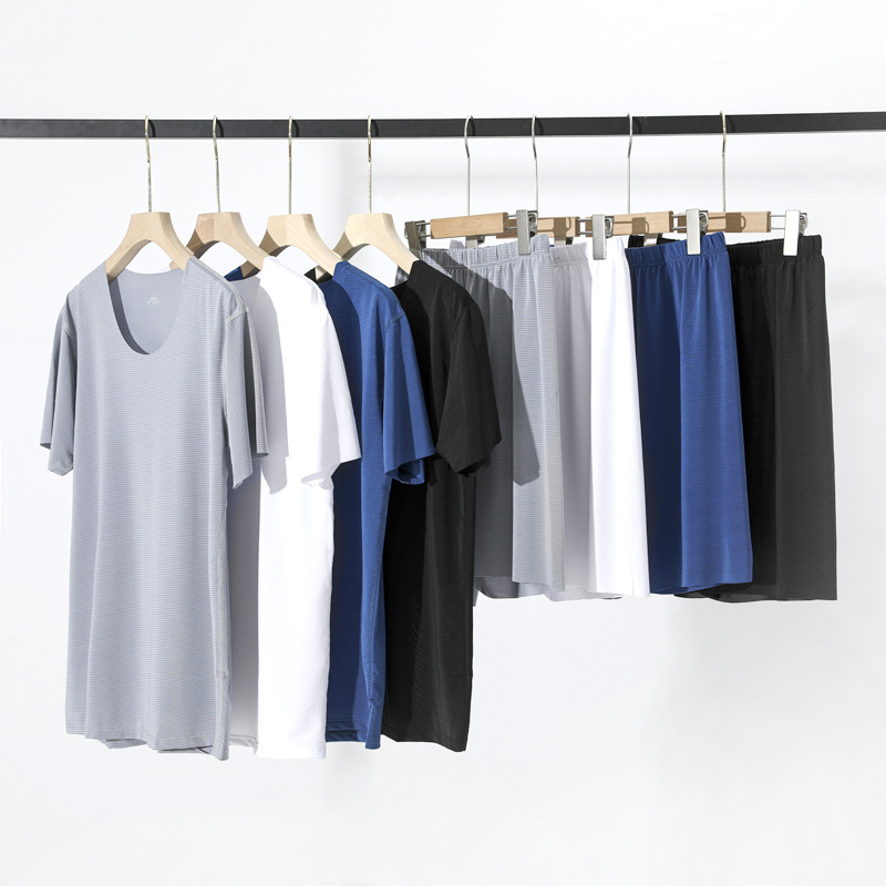 Pajamas Set Men's Short-sleeved Summer Thin Ice Silk Loose Round Neck Outwear Men's Casual Spring and Autumn Home Clothes