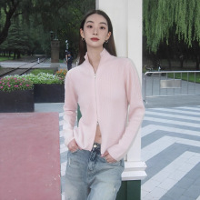 2025秋冬新款纯色双开拉链高领抽条修身羊毛衫女修身短款针织衫