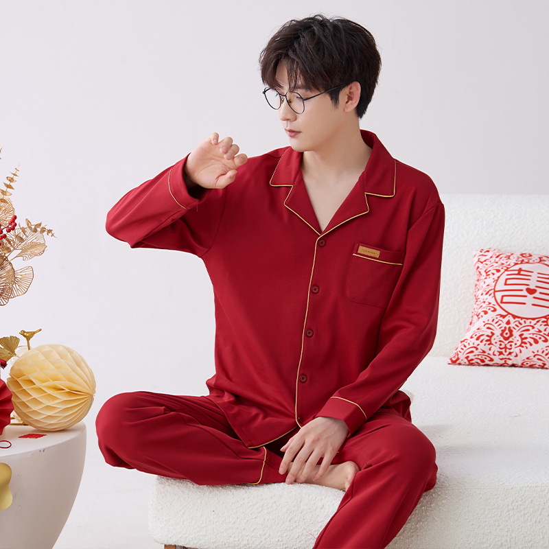 Pijamas hombres primavera y otoño algodón manga larga rojo brillante año animal algodón fino otoño primavera y verano ropa para el hogar