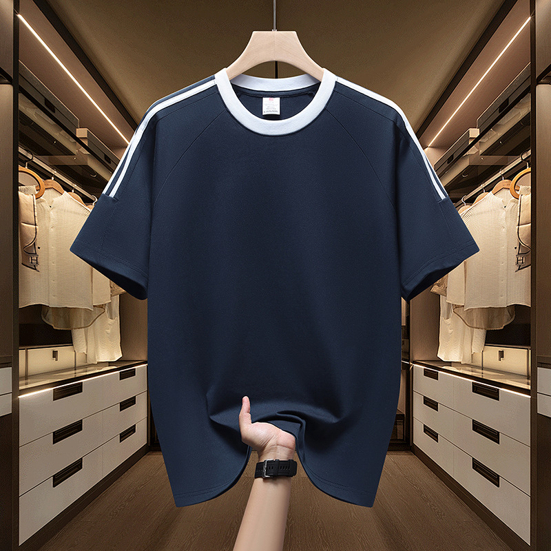 Algodón transfronterizo americano de tres barras de manga corta camiseta deportiva de moda masculina suelta y atractiva chaqueta de comercio exterior