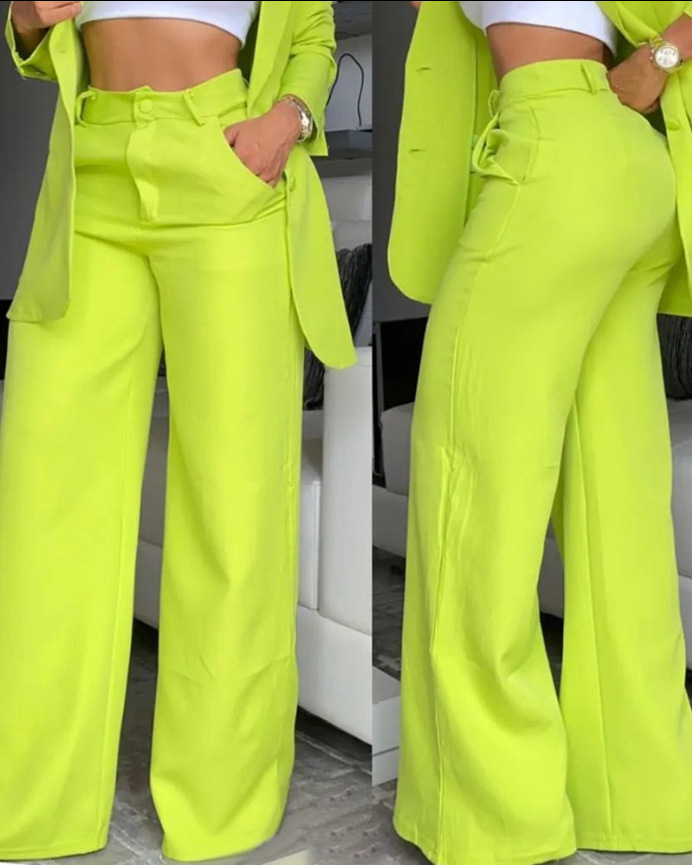 women's sets Women's and Elegant Solid Color Split Sleeve Lapel Suit Pocket Straight leg Trouser Set_voghion.com