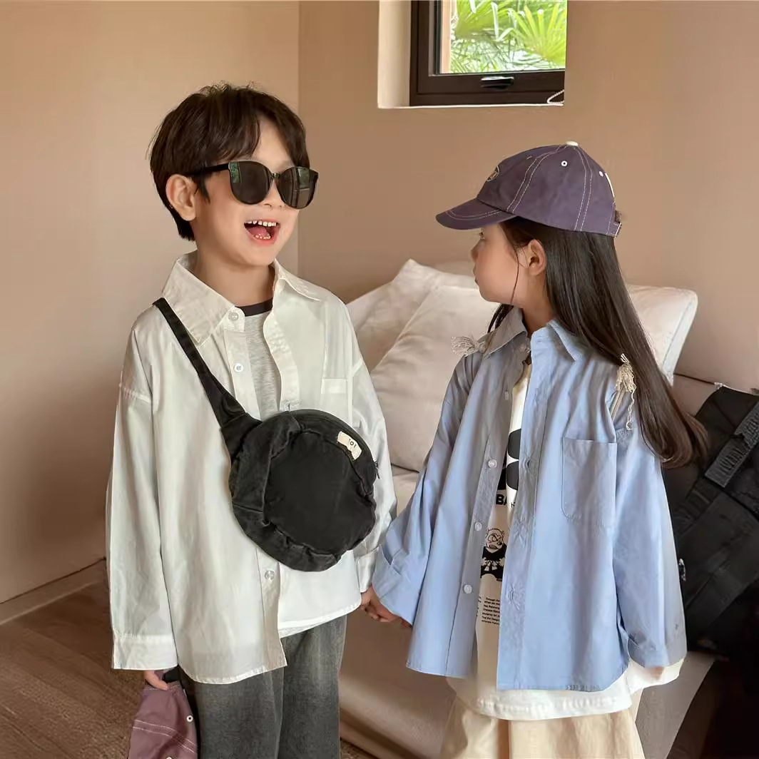 Camisa DE LOS NIÑOS 2024 primavera nuevos niños y niñas camisa de solapa de color sólido bebé lavado algodón camisa casual