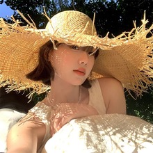 大沿帽女夏天出游度假风拉菲草草帽大帽檐遮阳防晒毛边气质沙滩帽