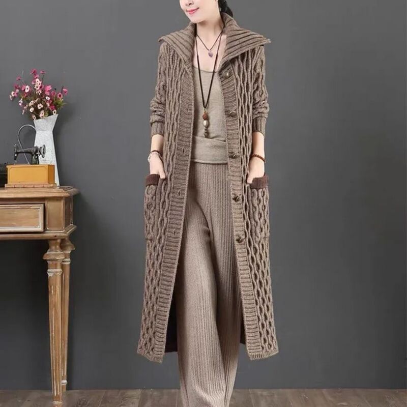 2025 New Autumn and Winter Thick Sweater Jacket Women's Mid-Length Literary Large Size Stereo Jacquard Lapel Knitted Cardigan