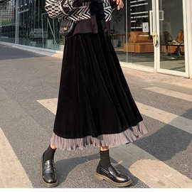 复古松紧腰丝绒半身裙女春秋新款纯色拼接垂感字长裙子遮肉百搭款