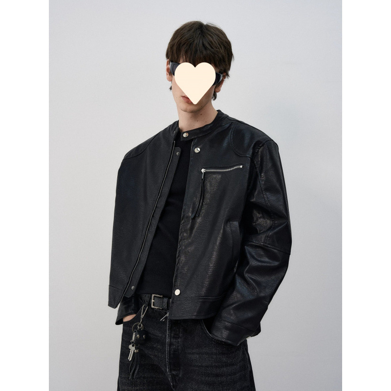 American punk style short PU leather jacket for men, autumn trendy retro textured casual loose motorcycle jacket