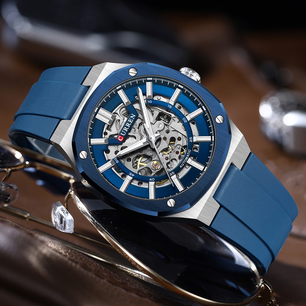 2026 CURREN Men's Skeleton Mechanical Winding Tape Waterproof Automatic Watch_voghion.com