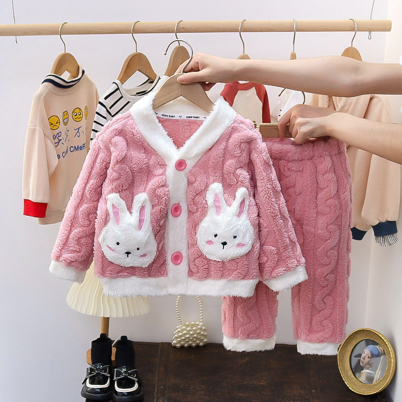 Niñas Otoño e Invierno traje de invierno pijamas de los niños engrosada franela desgaste del hogar traje de lana forrado de coral polar cálido