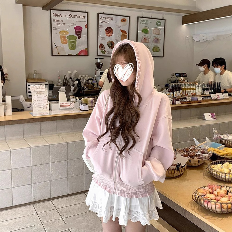 Women's Spring and Autumn Loose Short Hooded Sweatshirt with Ruffle Trim, Waist-Cinching Cardigan, Zipper, Sweet Hoodie with a Unique Design