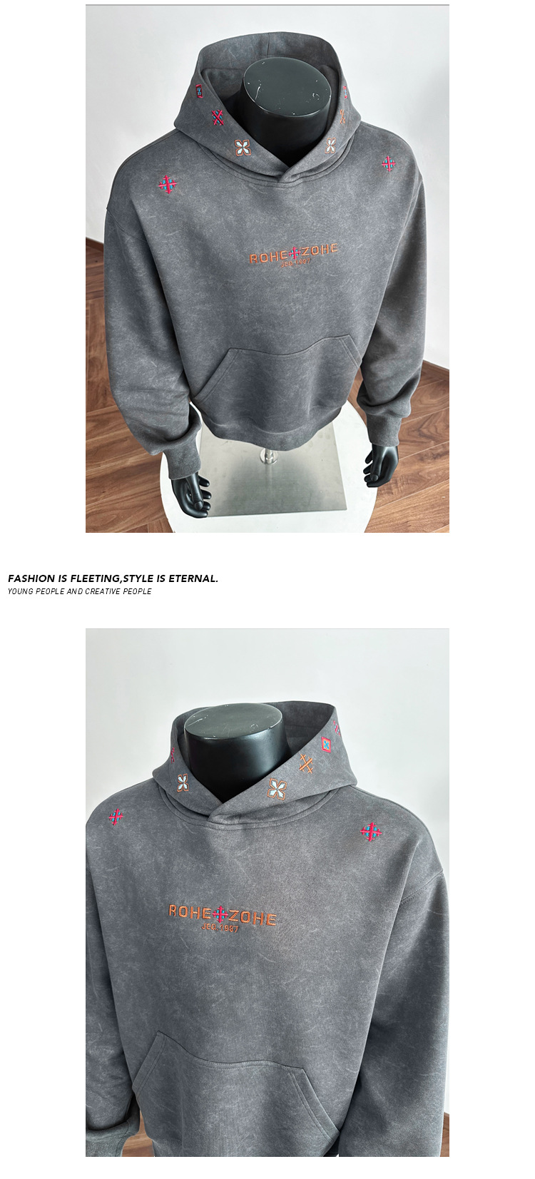 Men's Embroidered Hoodie Sand-washed Cotton Pullover Spring Style_voghion.com
