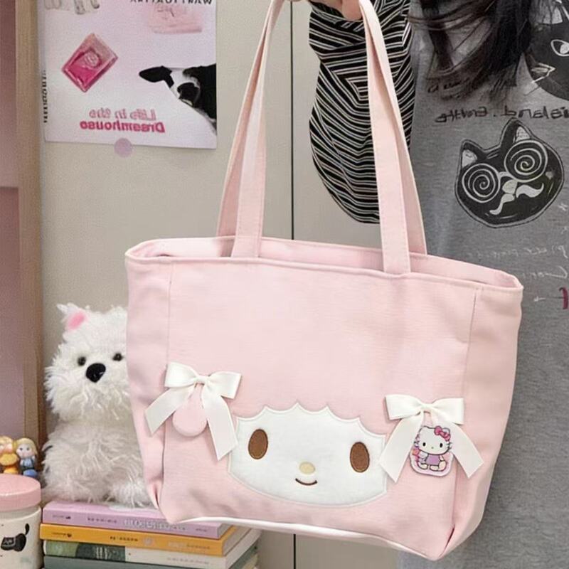 Cute Binoan Canvas Shoulder Bag, Girly, Large-Capacity, Versatile Handbag, Portable Cartoon Tote Bag for Going Out