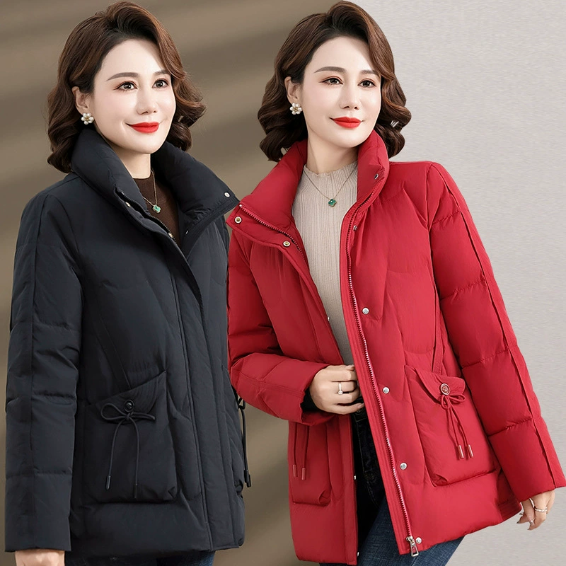 Мама среднего возраста зимний толстый пуховик 2024 новый атмосферный ветрозащитный воротник сплошной цвет теплая утка куртка для женщин