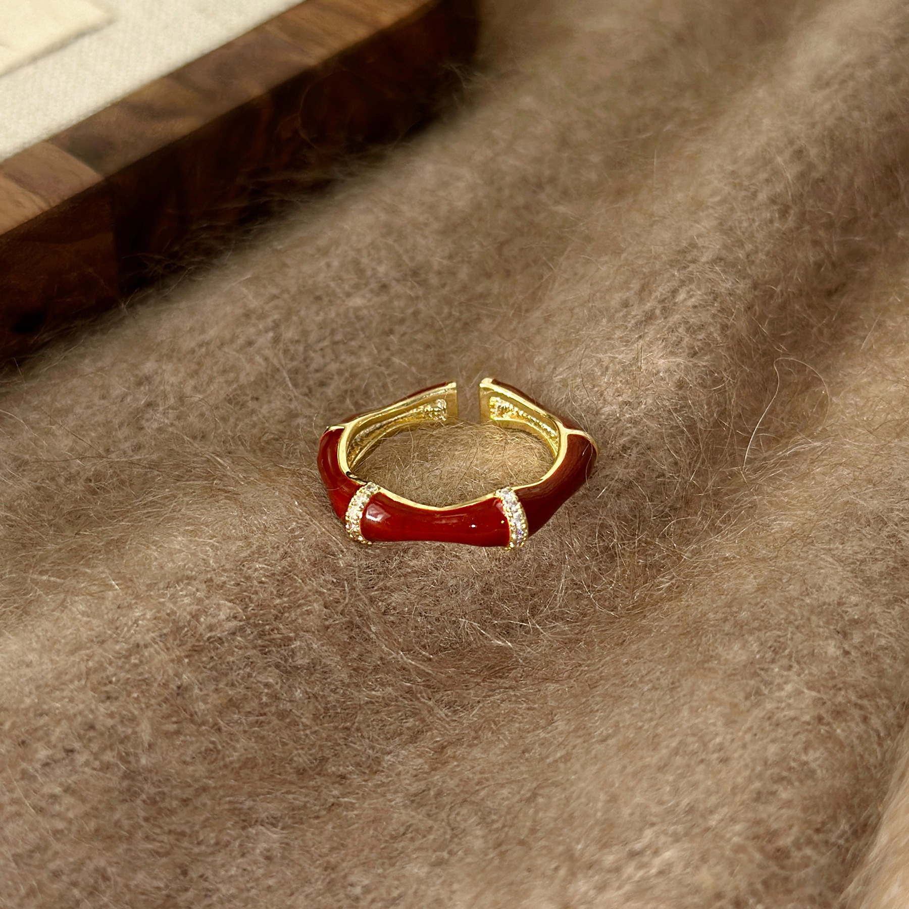 Französischer Weinroter Emaille Ring Mit Bambusmuster Verstellbar_voghion.com