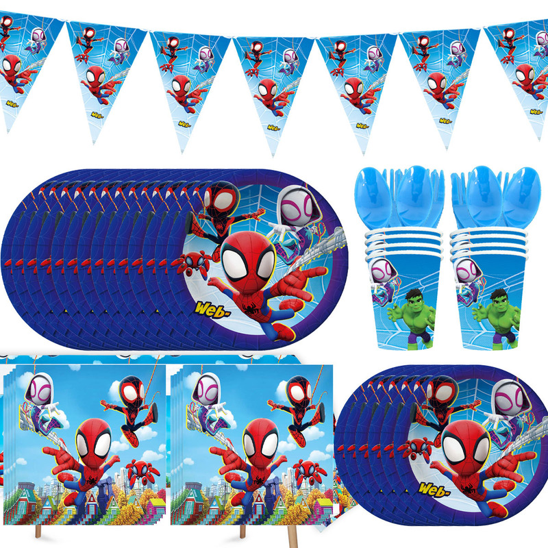 Little Man Spiderman Birthday Party Decoration Hero Party Supplies Paper Tray Paper Towel Paper Cup Tablecloth Candy Box Pull Flag