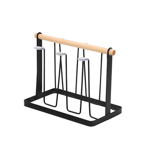 Japanese-style iron draining cup rack, household wooden-handled cup holder with tray, cup stand, kitchen cupware storage and display rack