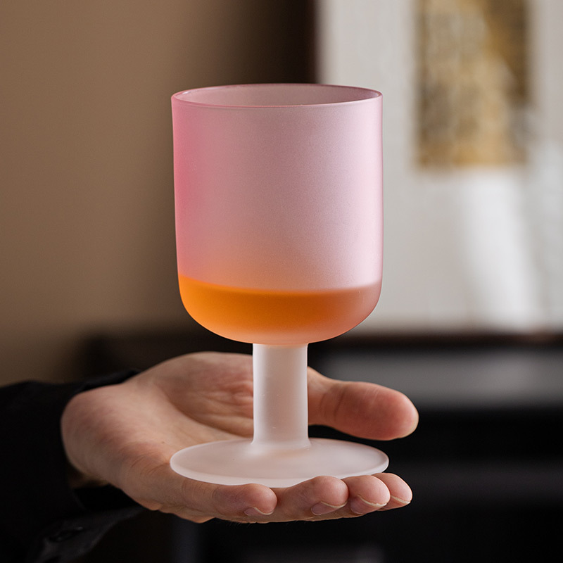 樱花粉中古落日杯水晶玻璃高脚杯鸡尾酒杯子创意磨砂水杯家用茶杯