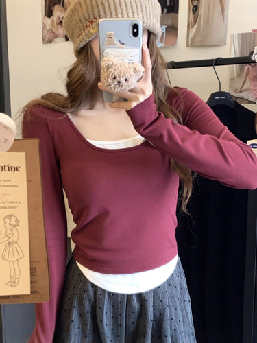 Autumn and winter 8818 Korean color contrast fake two-piece long-sleeved base shirt comes with chest pad, slim fit and all-match base top