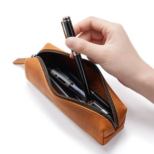 Crazy Horse Leather New Stationery Pencil Case First Layer Cowhide Student Pencil Pen Office Supplies Zipper Storage Bag Genuine Leather