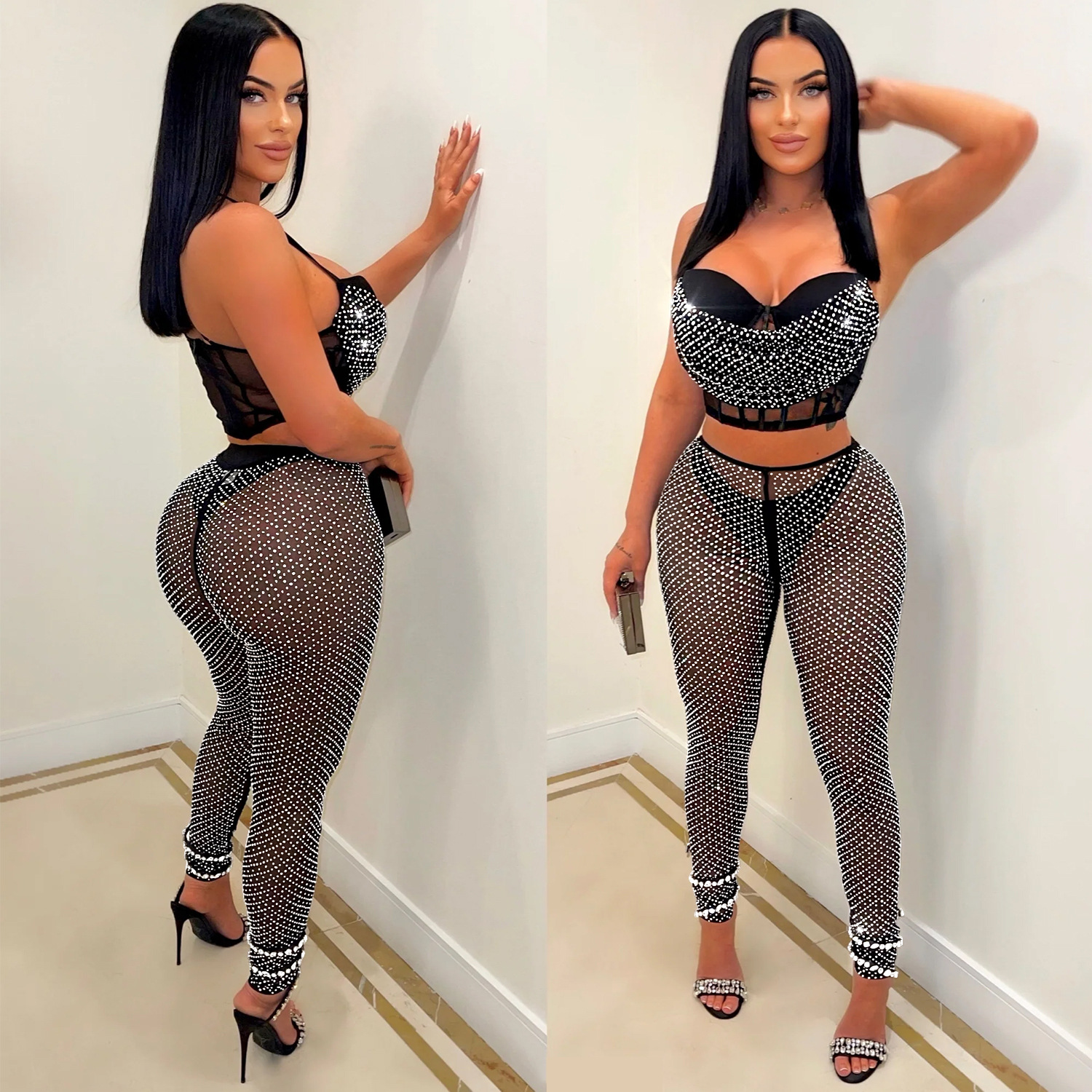C6540 transfronteriza AliExpress amazon moda europea y americana ropa de mujer de color sólido malla rhinestone correa pantalones conjunto de dos piezas